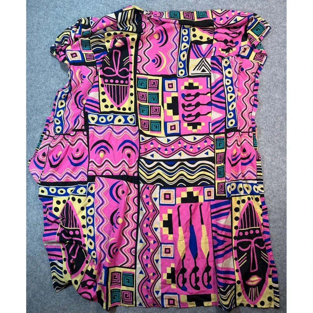 Jesse Kaur New York Womens Caftan Dress Pink Geometric Tribal Mask Print Maxi